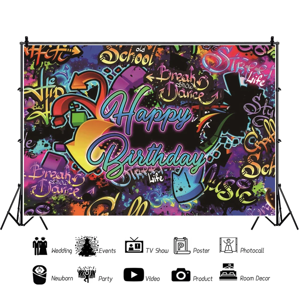 Happy Birthday Women Dance  Music Party Backdrop Colorful Graffiti Wall Photography Background Dining Table Banner Decor