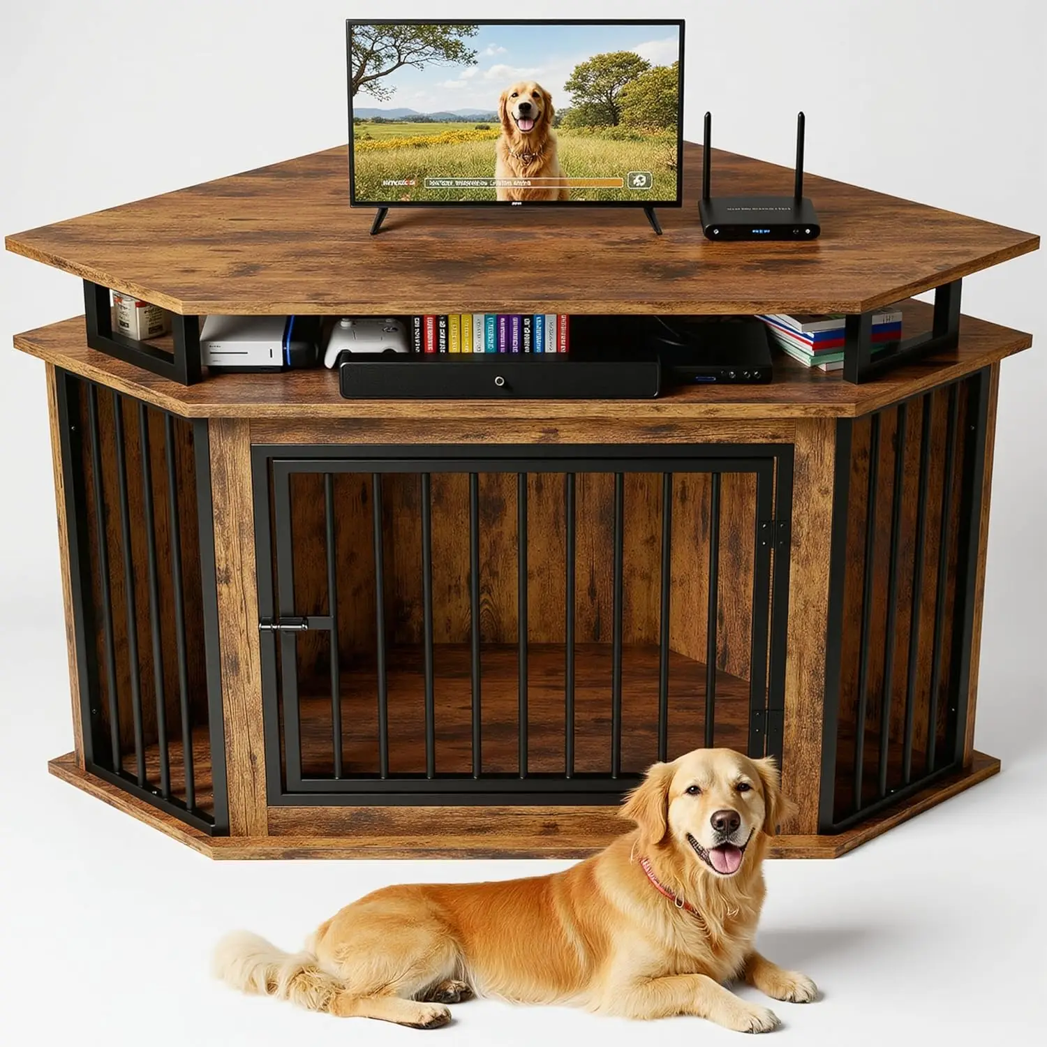 

51" Corner Wooden Dog Crate with Shelves, Large Pet Kennel, Space-Saving Furniture for TV Stand in Rustic Brown