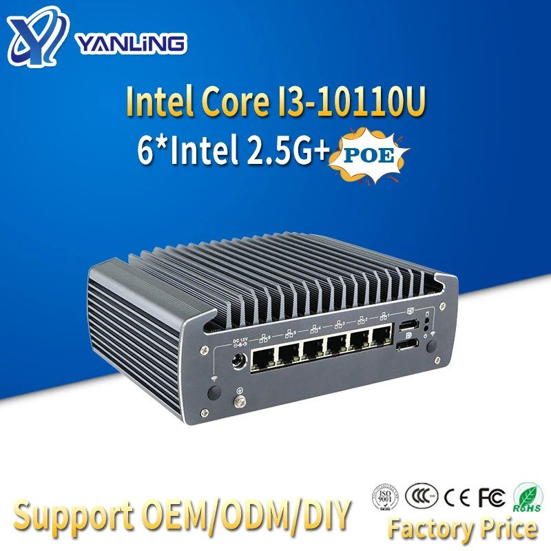 10th Gen Core i3 10110U Fanless Mini PC 6*Intel 2.5G LAN DP HD Ports Network Gateway Soft Micro Firewall Appliance with POE