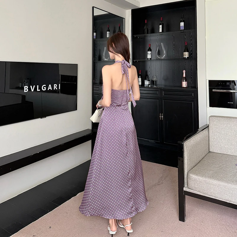 Feminino elegante cetim halter impressão magro vestido longo festa clube 2025 verão