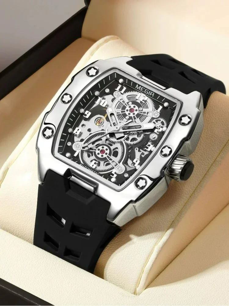 MEGIR Tonneau Skeleton Hollow Wristwatch Men Automatic Mechanical Watch Luminous Diamond Bezel Luxury Waterproof Male Watch