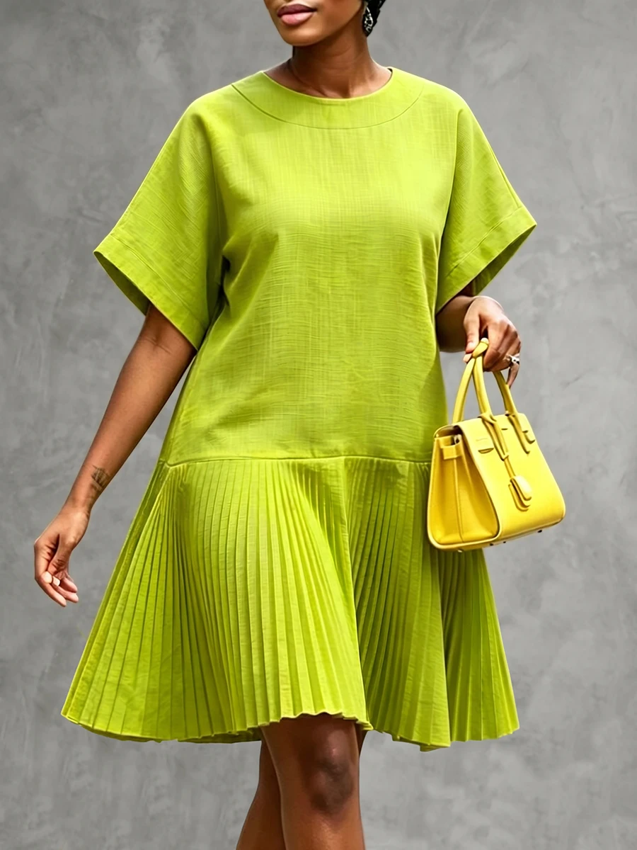 Missuoo Women Solid Green Round Neck Batwing Short Sleeve Loose Shift Dress 2026 Summer Pleated Flare Hem Casual Mini Dresses