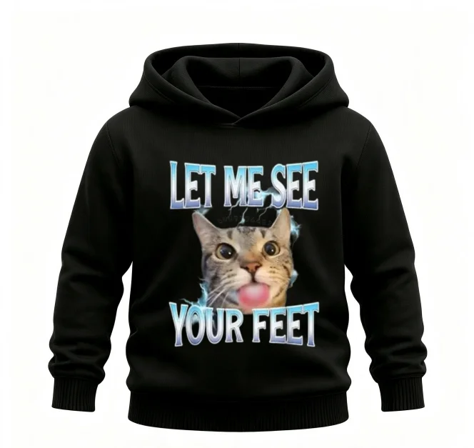 Funny cat emoji children's hooded sweatshirt, Let me see your feet, Y2K print casual oversized children's pullover hoodie