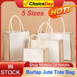 Women Burlap Jute Tote Bag Grocery Tote Handbag Canvas Top-handle Jute Handbag Reuseable Simple Gift Bag Ladies Outdoor Handbag