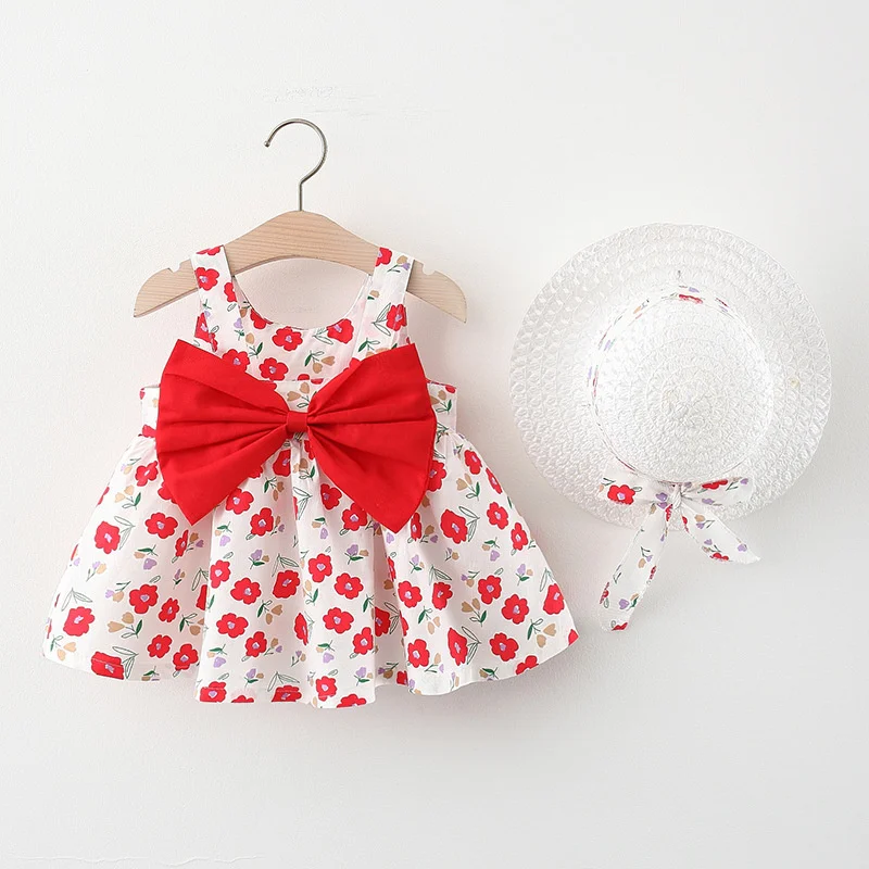 0-2Years Girl Dress+Hat 2pcs Summer Baby Clothing Sweet Bow Flower Sleeveless Dress Girls Newborn Party Princess Clothes