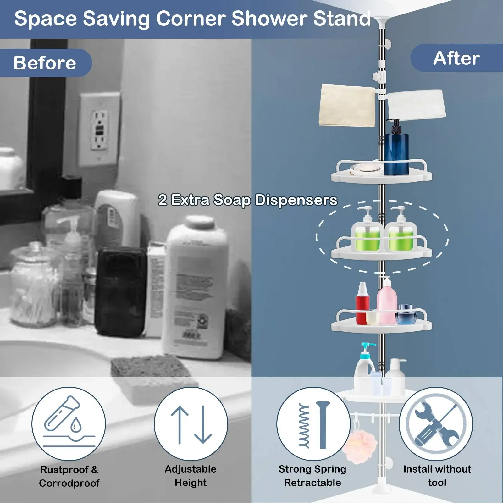 Shower 4 Corner Organizer Racks Tier Caddy Shower Adjustable Pole Tension Bathroom Caddy Shelf Home Rustproof Height 8-10ft