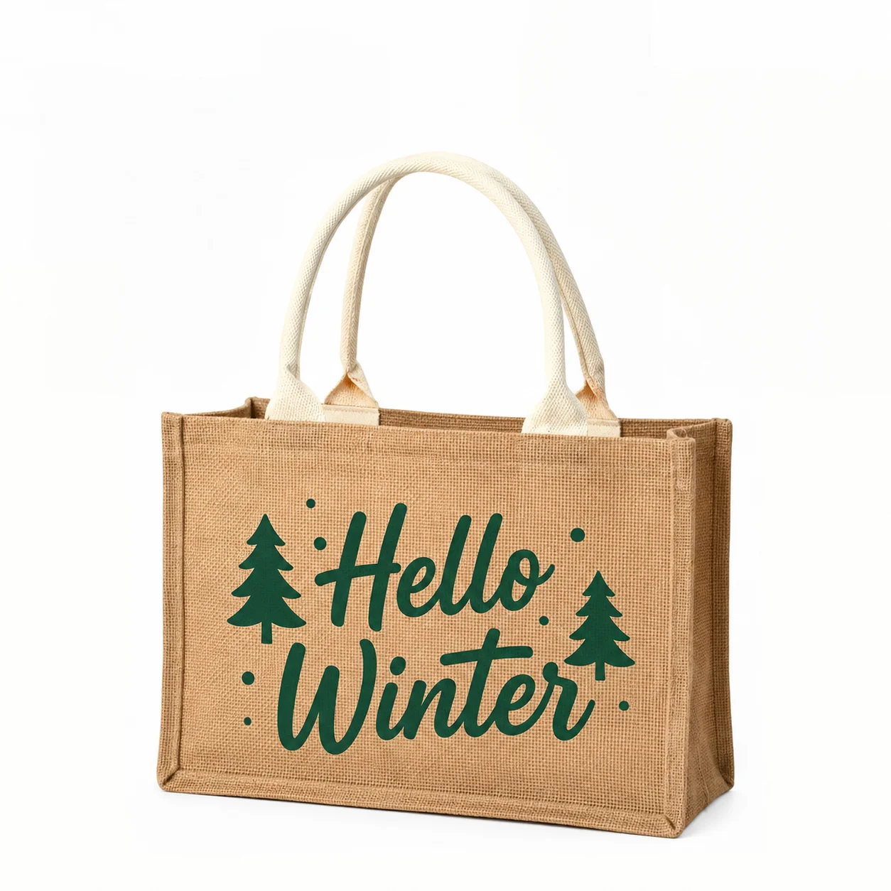 Hello Winter Tote Bag Custom Personalized Text Words Pine Tree Jute Bag Winter Christmas Shopping Burlap Handbag Holiday Gift