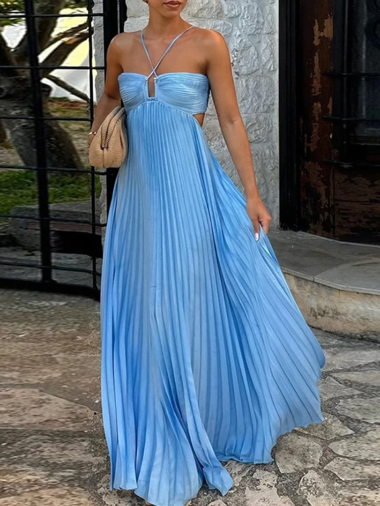 

2025 High Waist Pleats Robe Dress Casual Sleeveless Solid Color Holiday Dress Summer Sexy Halter Hollow Off Shoulder Party Dress