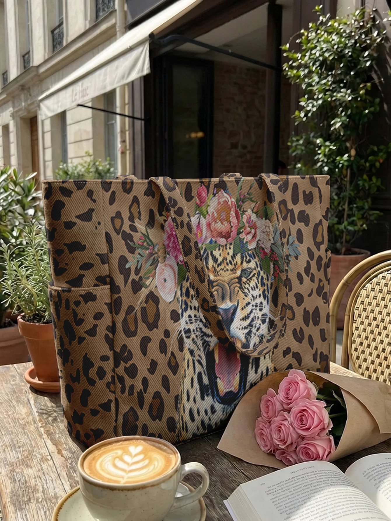 Leopard print large capacity women's handbag, canvas shoulder bag, casual commuting shopping bag