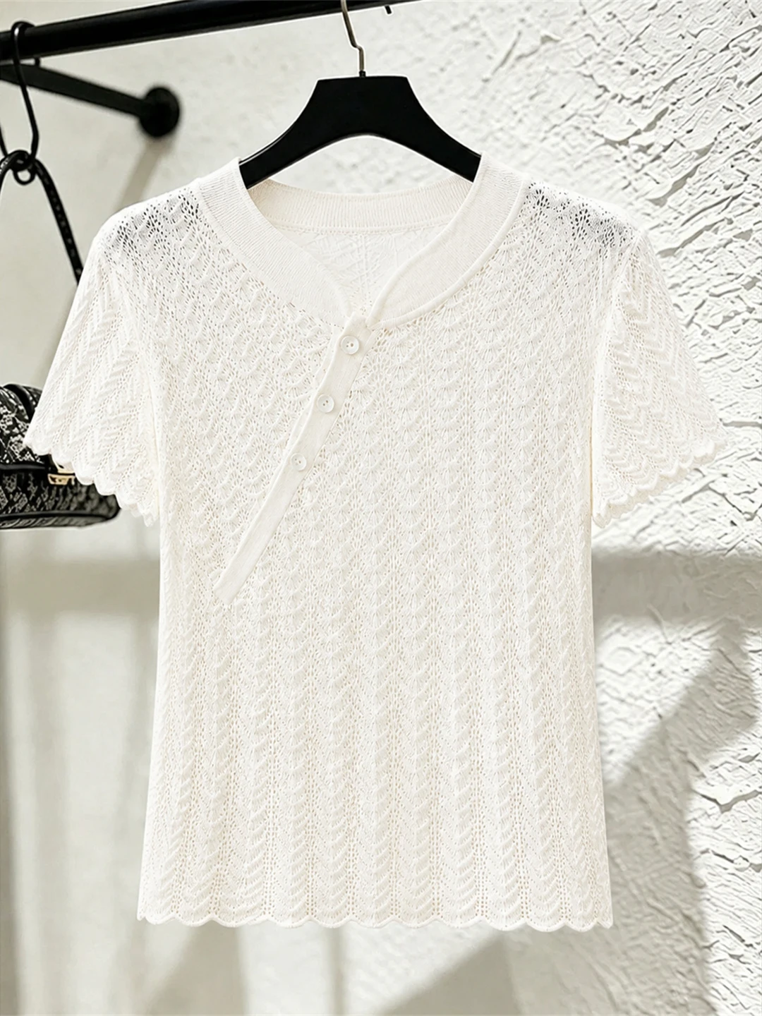 

Laid-back Design Hollow out Short Sleeve Knitwear Versatile Slimming Summer Top Commute Daily Wear Straight Cut Korean Style