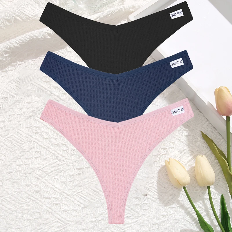 FINETOO 3 Teile/satz Sexy Waffel Plaid Baumwolle Höschen Frauen Einfarbig Niedrigen Taille G-String Unterwäsche Weibliche Weiche Thongs Dessous