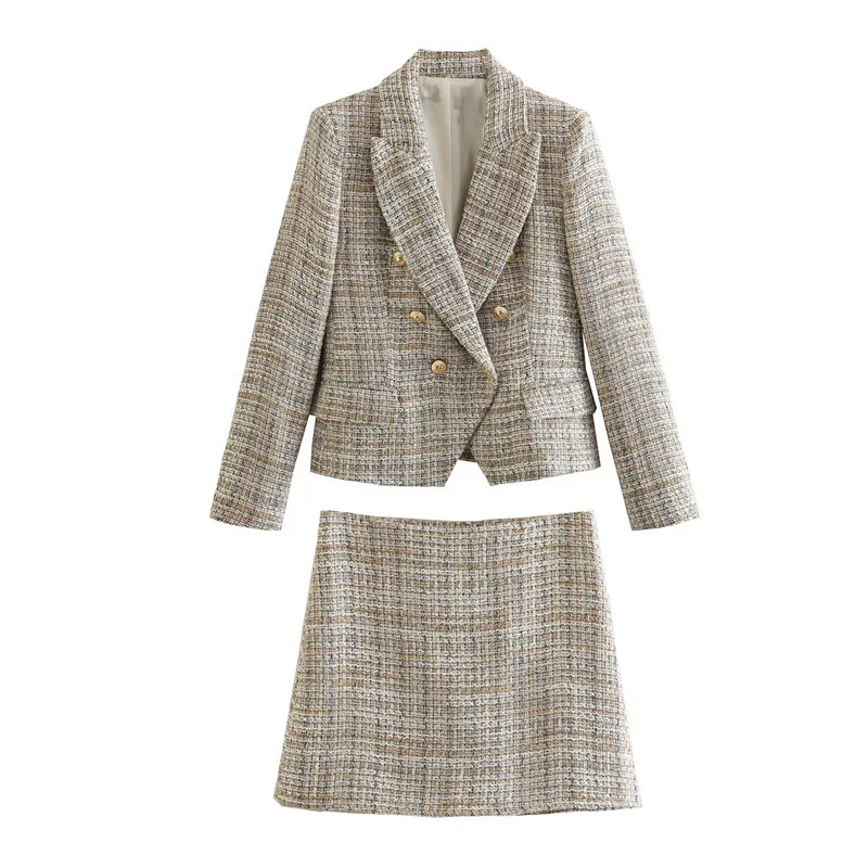 

Women's 2 pieces coarse tweed set with double breasted slim fit suit jacket and shorts 2024 new small fragrant texture set