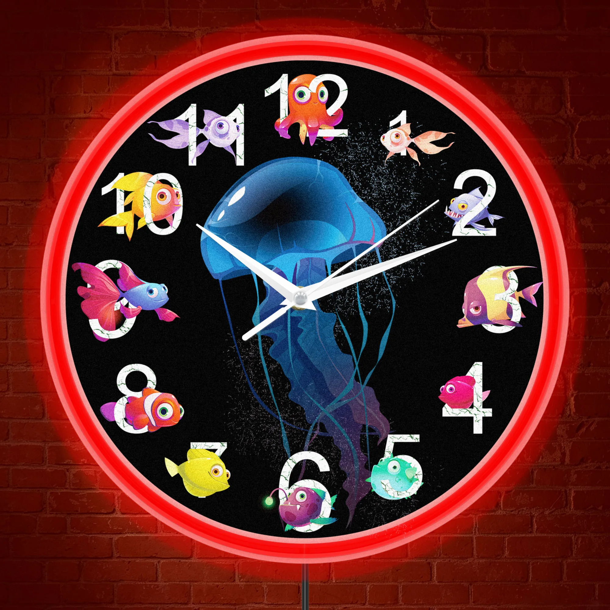 Cartoon Deep Sea Jellyfish LED Neon Lighting Wall Clock with Silent Movement Ocean Marine Creature Art Decor for Aquarium Room