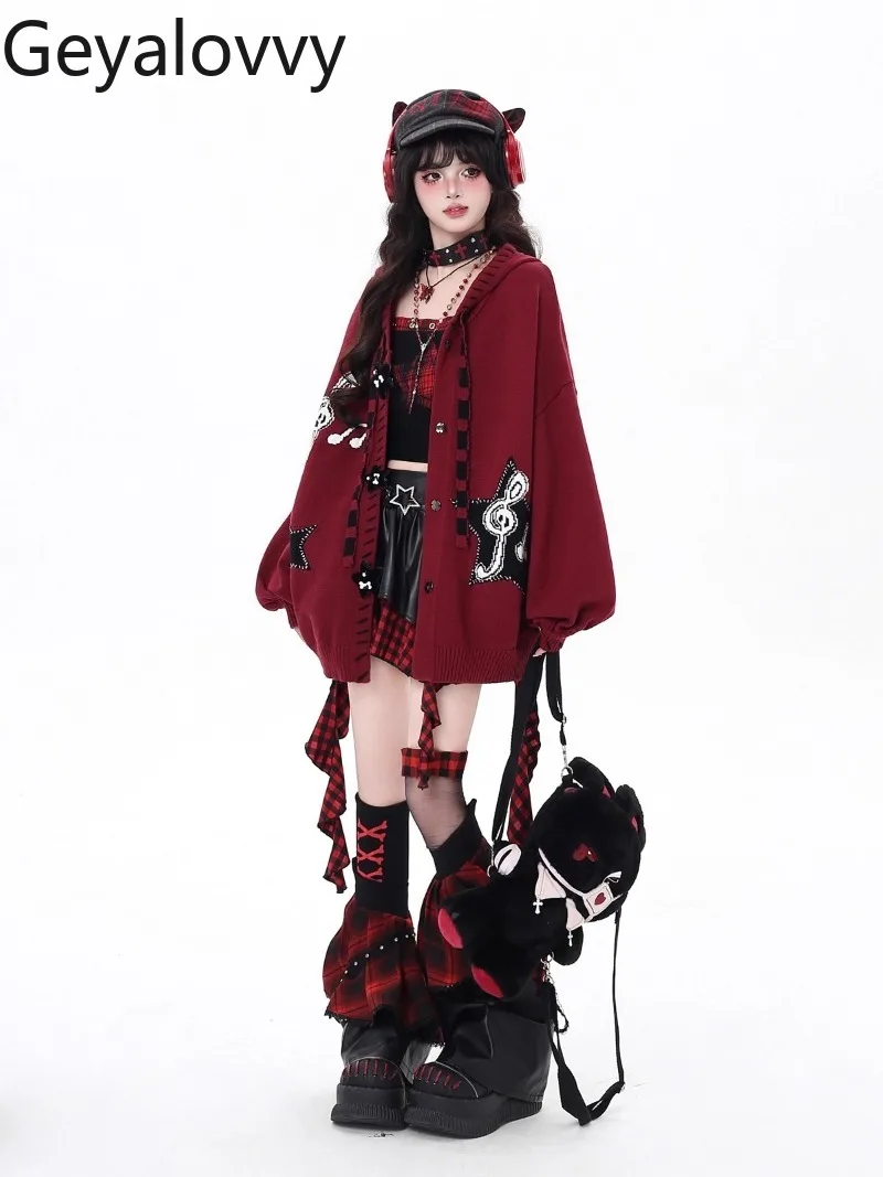 اليابانية الأصلية الجديدة الأسود والأحمر الحلو بارد فضفاض سترة محبوكة فانوس كم واحدة الصدر مقنعين سترة سترة