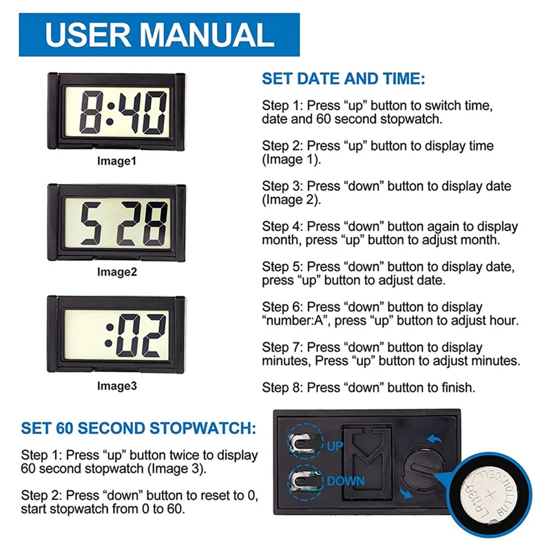 Small Digital Car Dashboard Clock Battery Operated Big Clear LCD Time Display for Automotive, Motorcycle