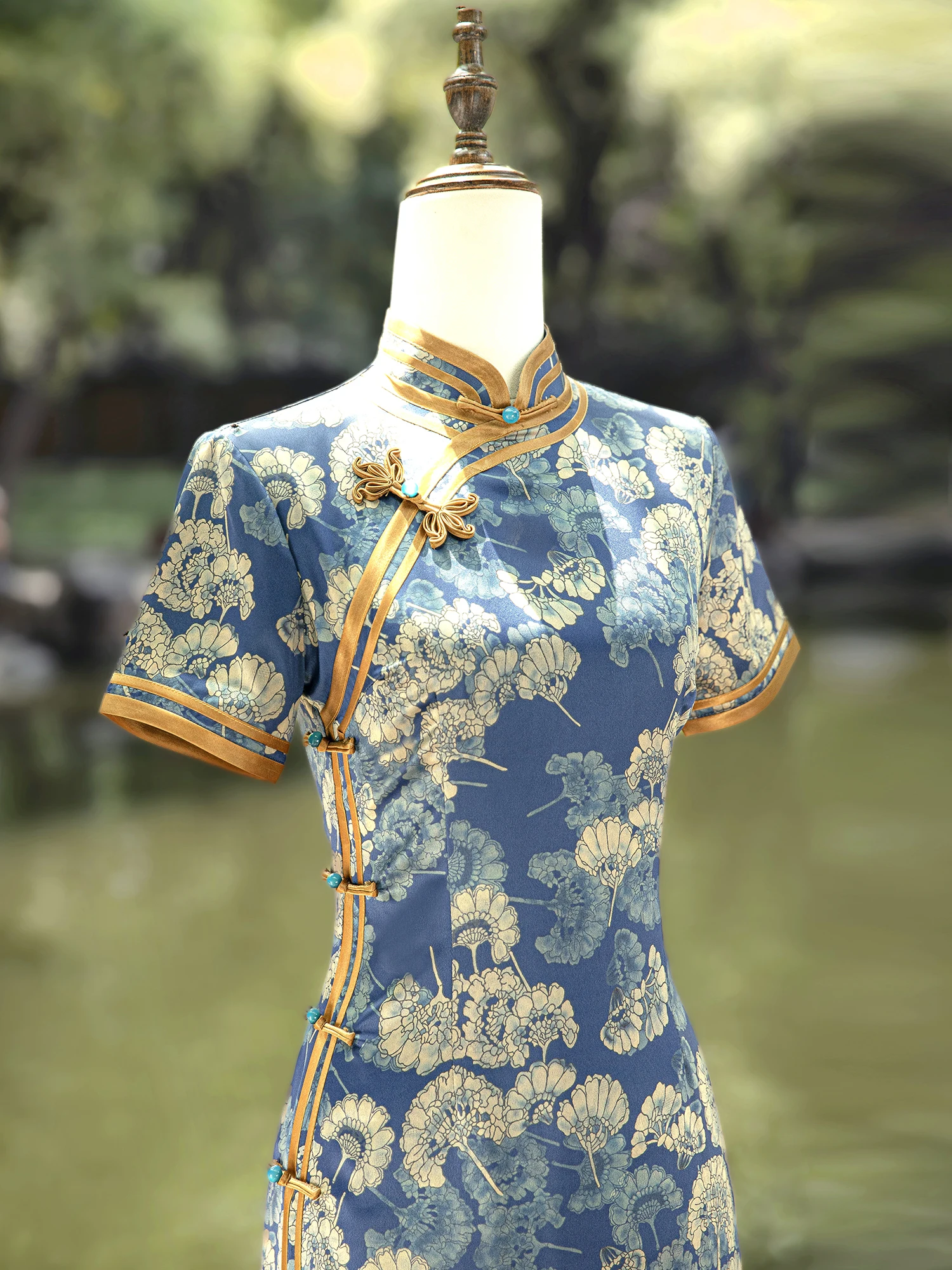 

Blue anghai Sle Long Length Danon Design Midlife Mom's Ele Vintage Faion Polyester Blend ort Sve