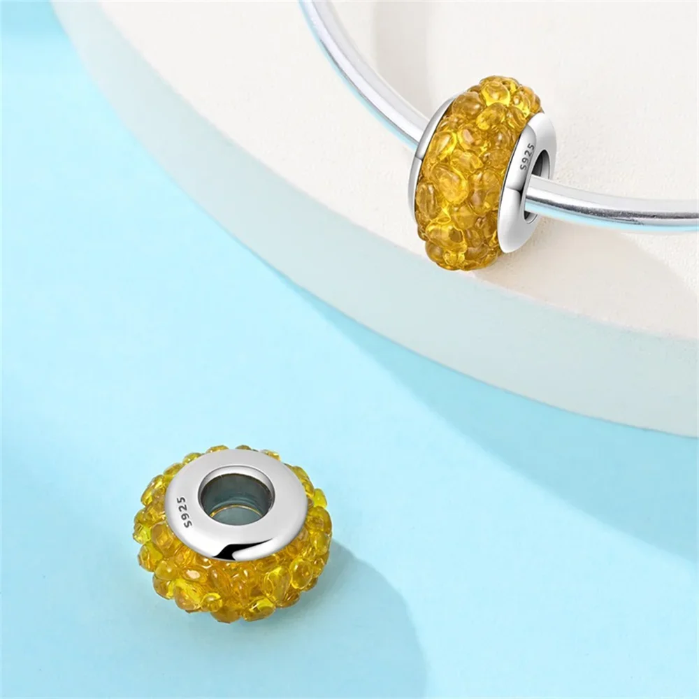 

Charms 925 Silver Yellow Blue Murano Glass Beads Round Shining Charm Fit Original Bracelet DIY Exquisite Jewelry Gifts for Women