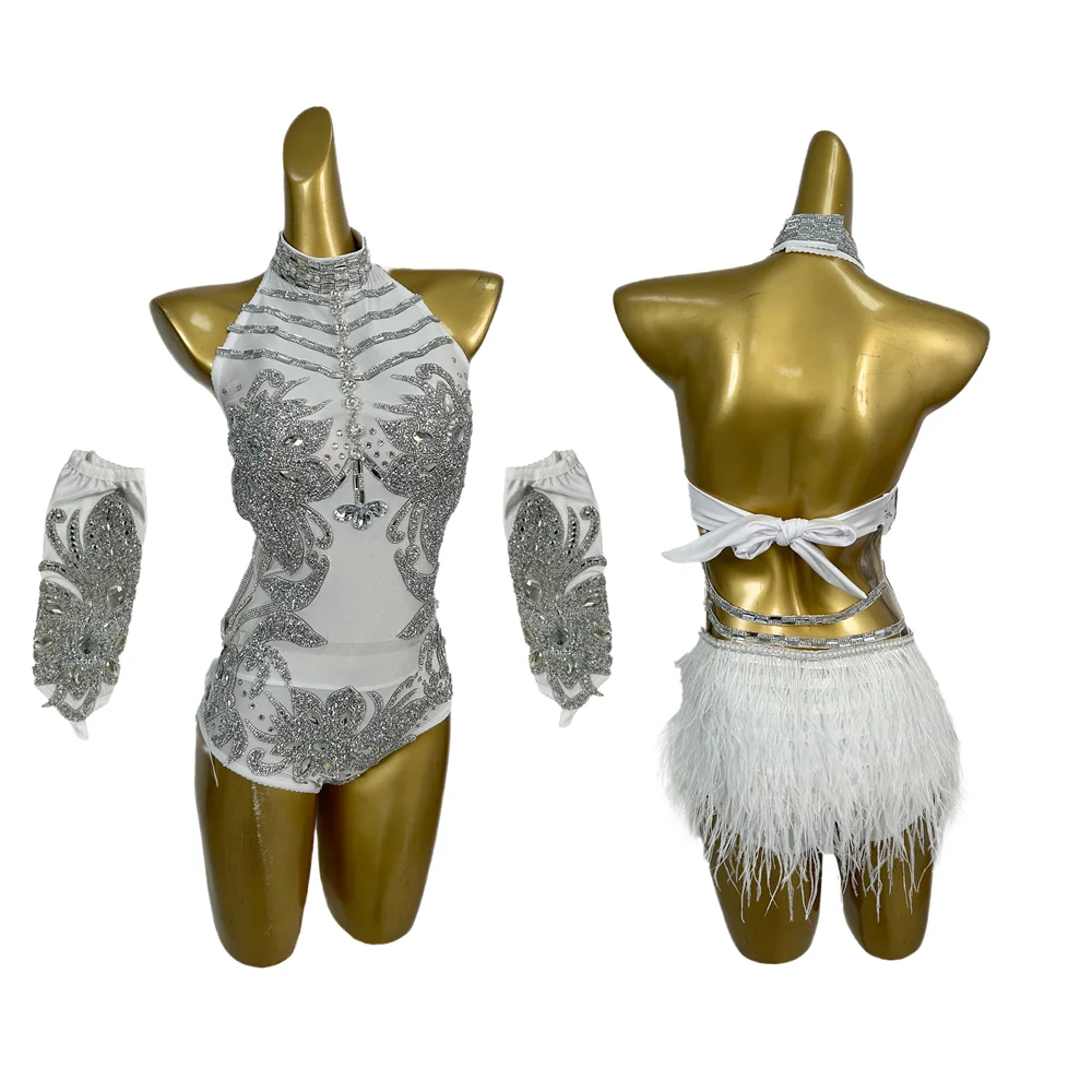 Kombinezony damskie z piórami i dżetami, na ramiączkach, idealne na imprezy w klubach nocnych, do tańca na rurze, na występy sceniczne, na festiwale.