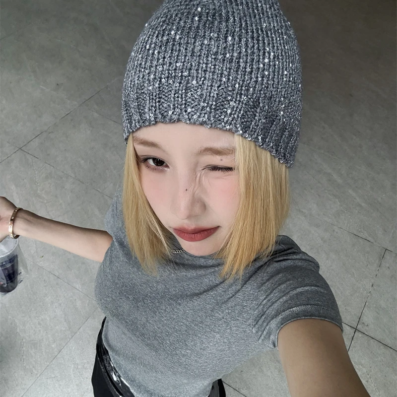 Ins Korean Style Designer Y2k Shiny Cold Cool Street Knit Hat Spring Summer Girl Glitter Fashion Knitted Bag Head Beanie Hat