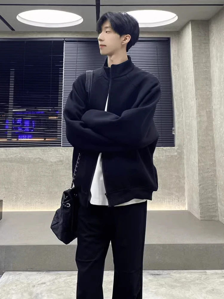 

American Sle Loose Fit Zipper Hoodie Bla Stand Collar Cardigan Men's Casual Top Trendy Spring Autumn Wear Comfortable Cot...