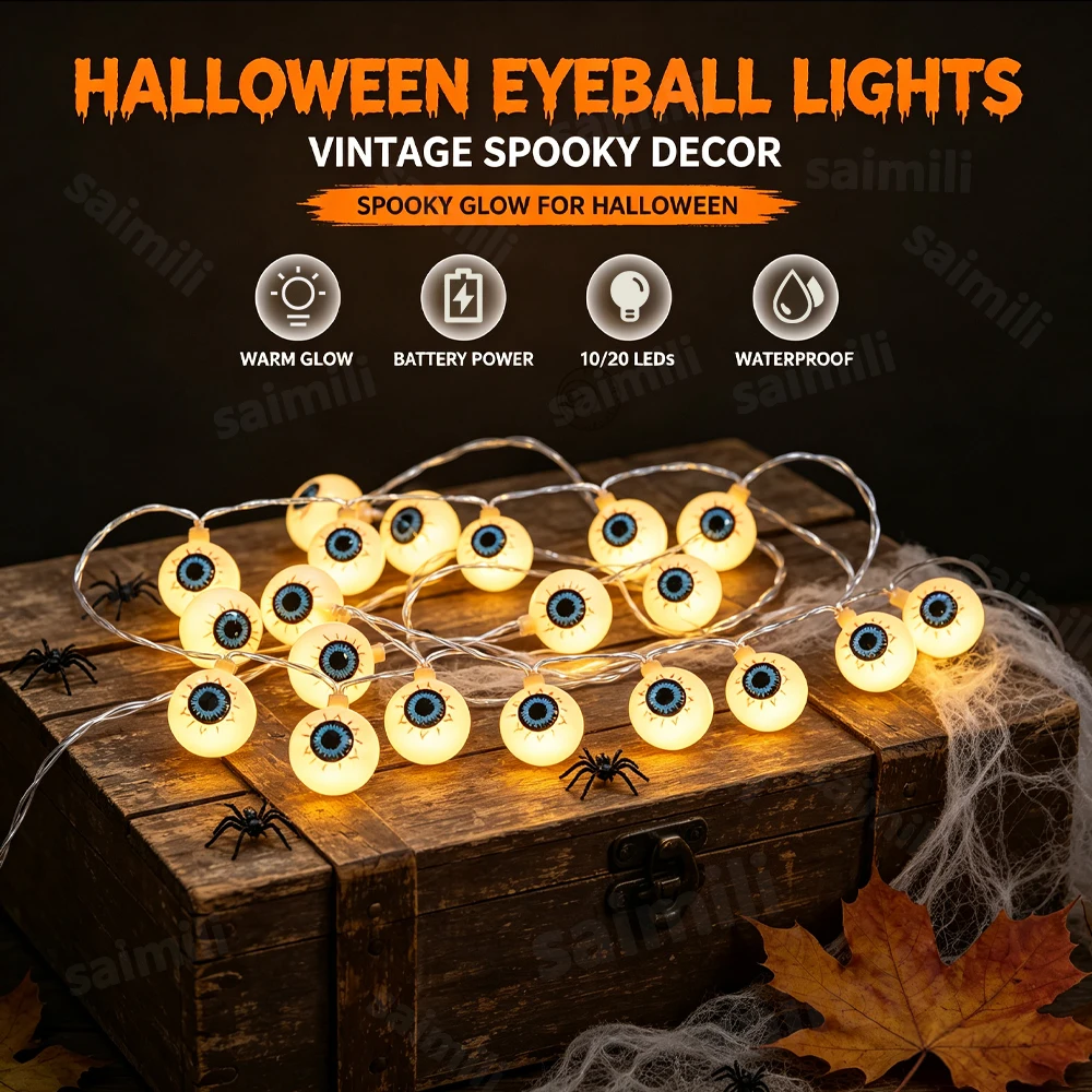 Batteriebetriebene Halloween-LED-Lichterkette mit gruseligen Augäpfeln, warmweißes Licht, Dekoration für Zuhause, Feiertage, Partys, DIY-Dekorbeleuchtung – Detail 4