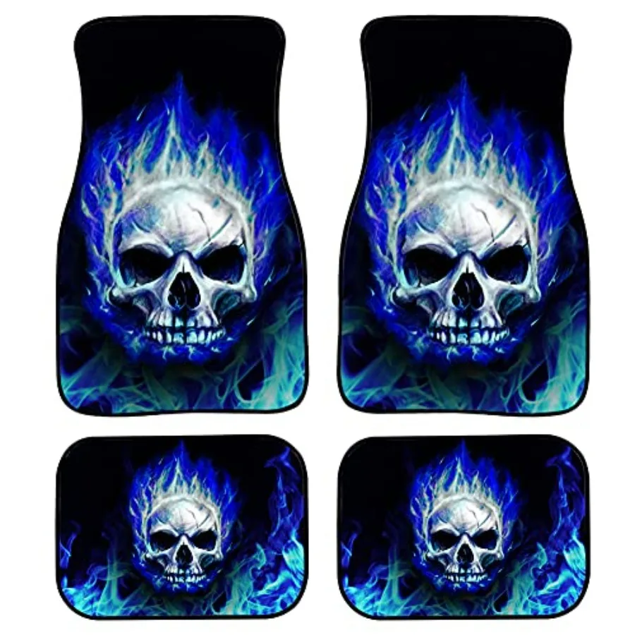 

Blue Fire Skull Car Floor Mats Set of 4 for Front Rear Seats Heavy Duty Rubber Backing Universal Fit SUV Interior Accessories
