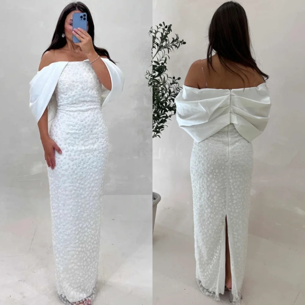 

Customized Elegant White Satin Evening Dresses Fashion Strapless Off the Shoulder Homecoming Dresses Modern Vestido De Festa