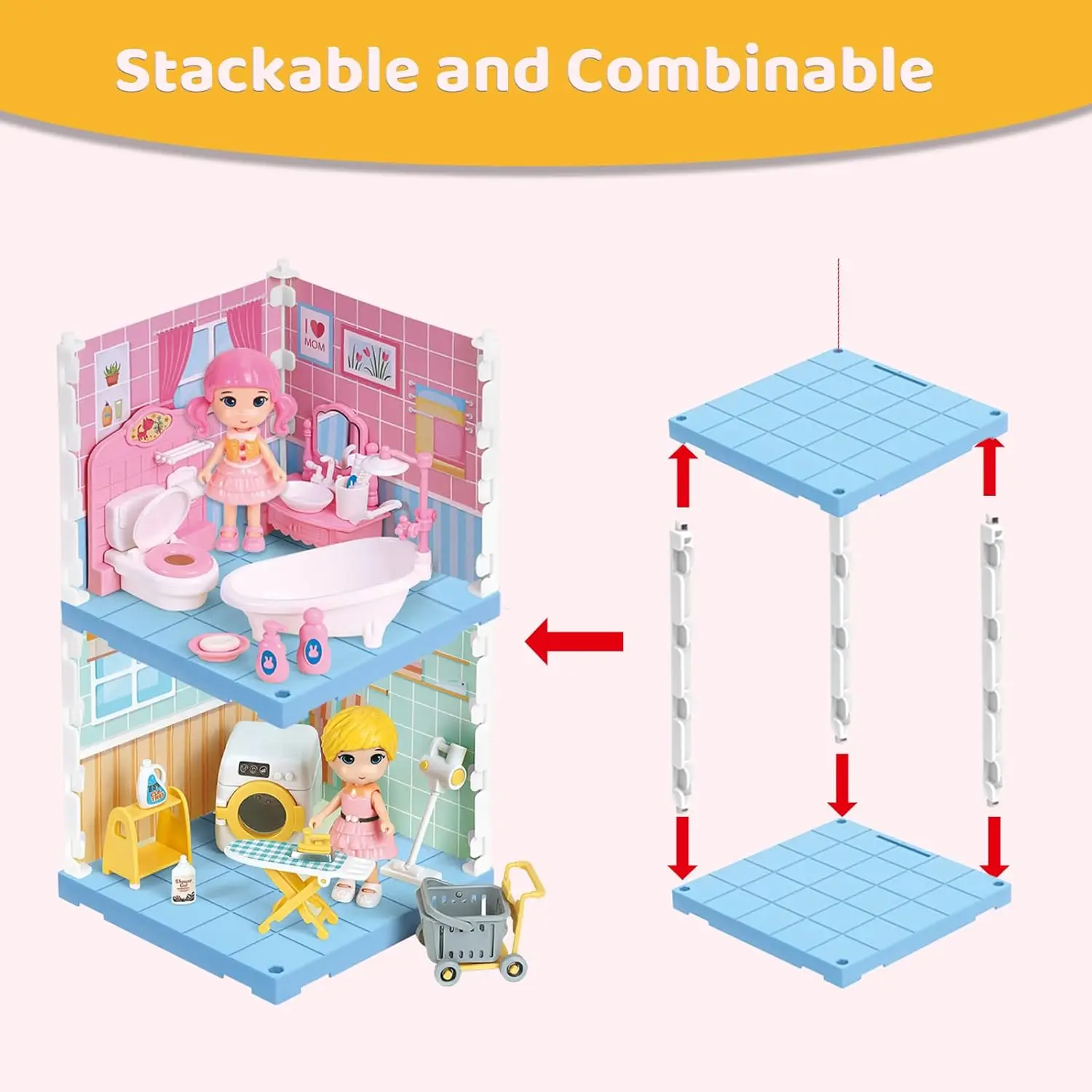 ミニランドリールームおもちゃ、人形DIYミニチュアドールハウスキット家具セット、ミニバスルームハウス、3D教育的ごっこ遊びおもちゃ