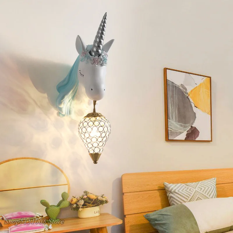 Nordic Simple Lovely Unicorn Led Wall Lamp Bedroom Bedside Lamp Girl Pink Creative Room Sconce Wall Lights Cartoon Unicorn Lamp