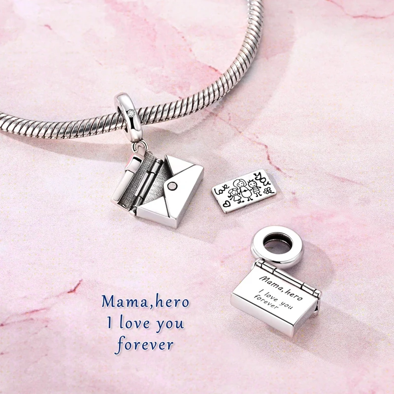 Original 925 Sterling Silver Openable Love Letter Envelope Charm Fit Bracelet Necklace DIY Valentine Day Mother Day Jewelry Gift