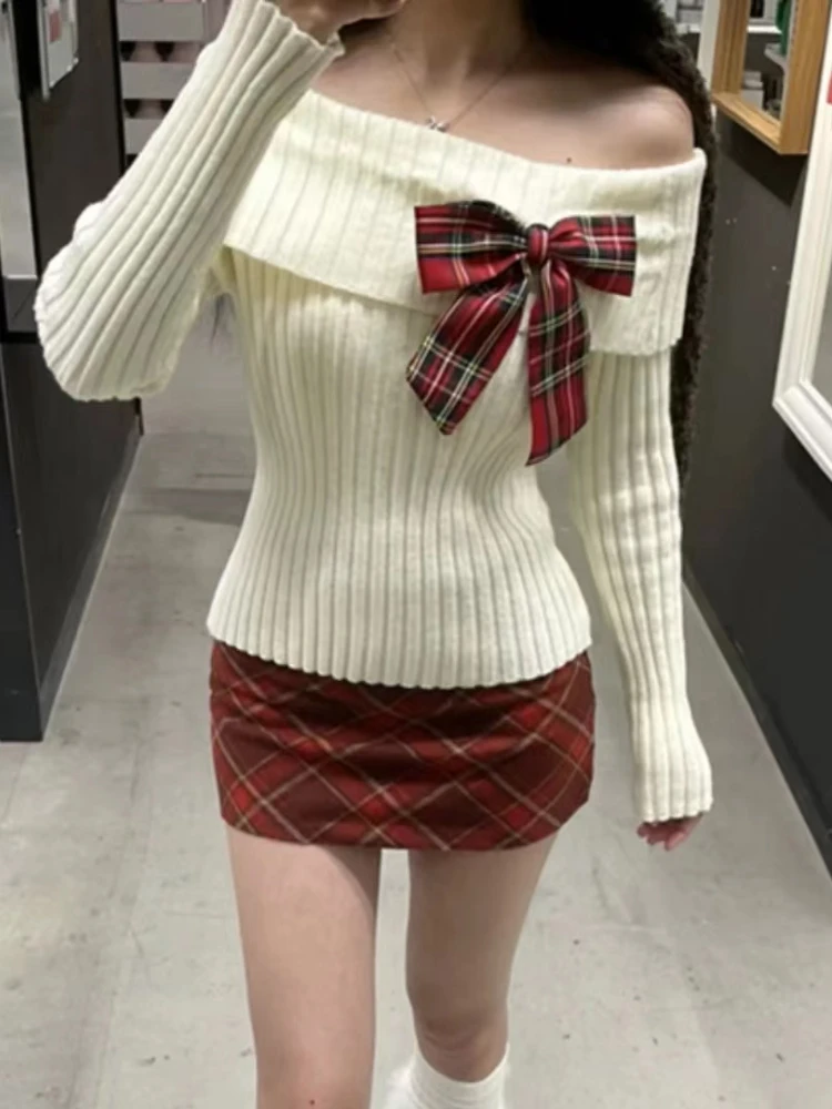 Autumn Sweet Knitted New Two Piece Sets Women Cute Bow Sweater Tops + Retro Plaid Mini Skirt Pretty Harajuku Y2k Kawaii Set 2024