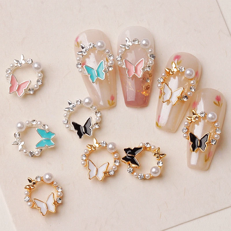 10PCS Luxury Alloy Butterfly Wreath Nail Art Charms Pearl Rhinestone Flower Garland Nail Decoration Supplies Jewelry Accessories