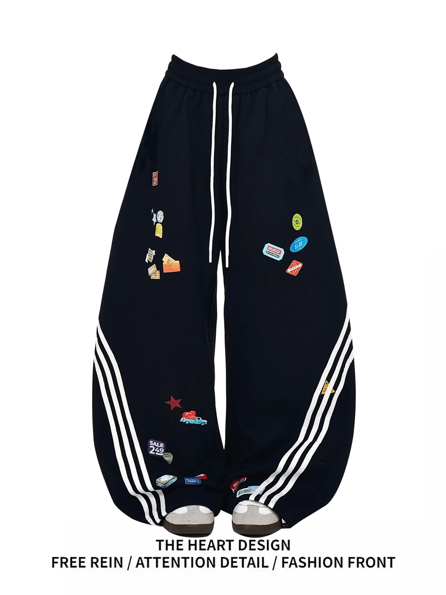 

Women's High Waist Wide Leg Sweatpants Black Side Striped Cartoon Sticker Print Loose Casual Streetwear Trousers With Drawstring