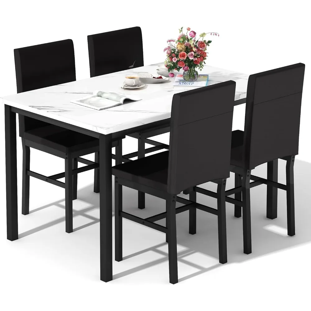 Eettafelset Voor 4, Moderne Keukentafel Stoelen Set Van 4, Faux Marmeren Eetkamer Set Voor 4 Ruimtebesparende 5-delige Dinette