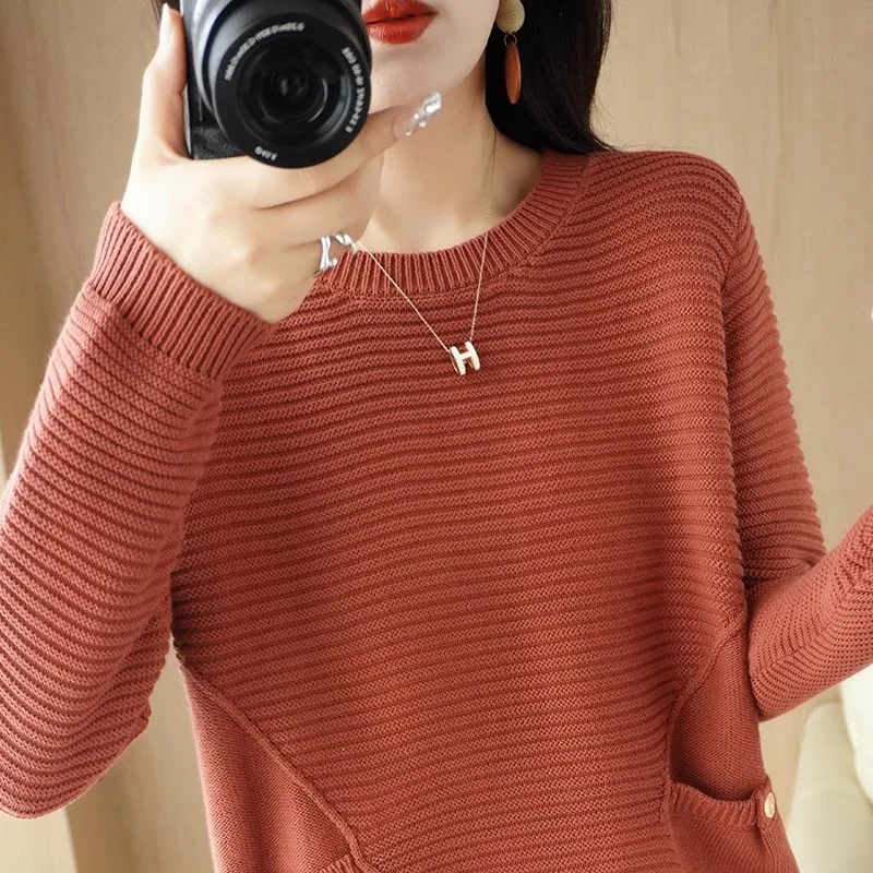 

Осенний вязаный свитер из чистого хлопка с длинными рукавами, женский, с круглым вырезом, повседневная верхняя одежда, базовый слой, хлопковый трикотаж.