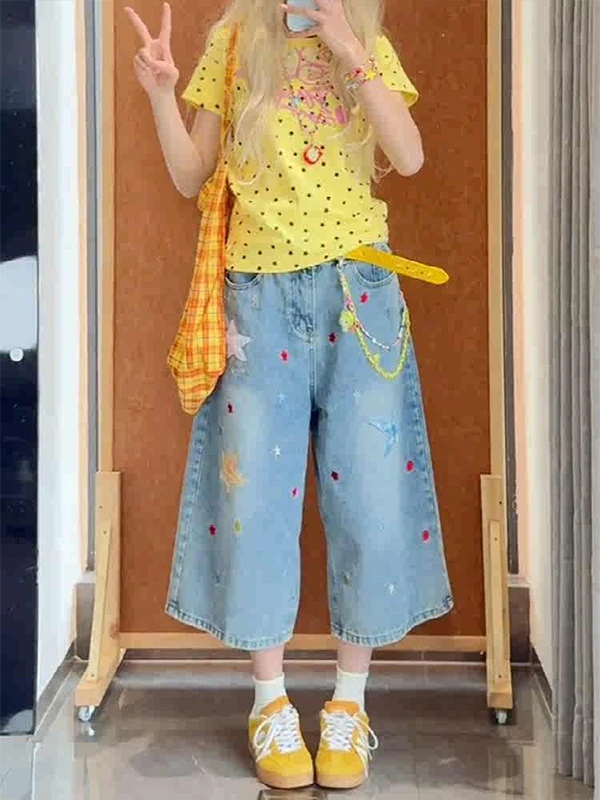 

Dopamine Star Patch Seven-Foot Loose Straight Leg Jeans Women's Summer New Style Casual Wide Leg Pants High Waist Cotton Blend