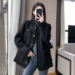 Lucyever Temperament Tweed Black Jacket Women Elegant Thicken Single Breasted Outerwear Ladies Korean with Pocket Office Coat