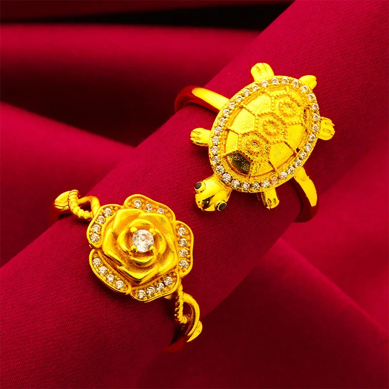 

24K Gold AU999 Women's Trendy Rose-Turtle Ring - Gradient Gold Rose + Gold Foil Shell, Open Craft Replicates Vine Weaving