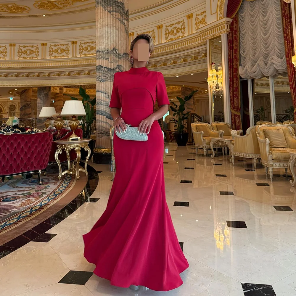 

Modest Red Evening Dress Customized High Neck Short Sleeves Mermaid Wedding Guest Gowns for Women 2025 Formal Party Dress