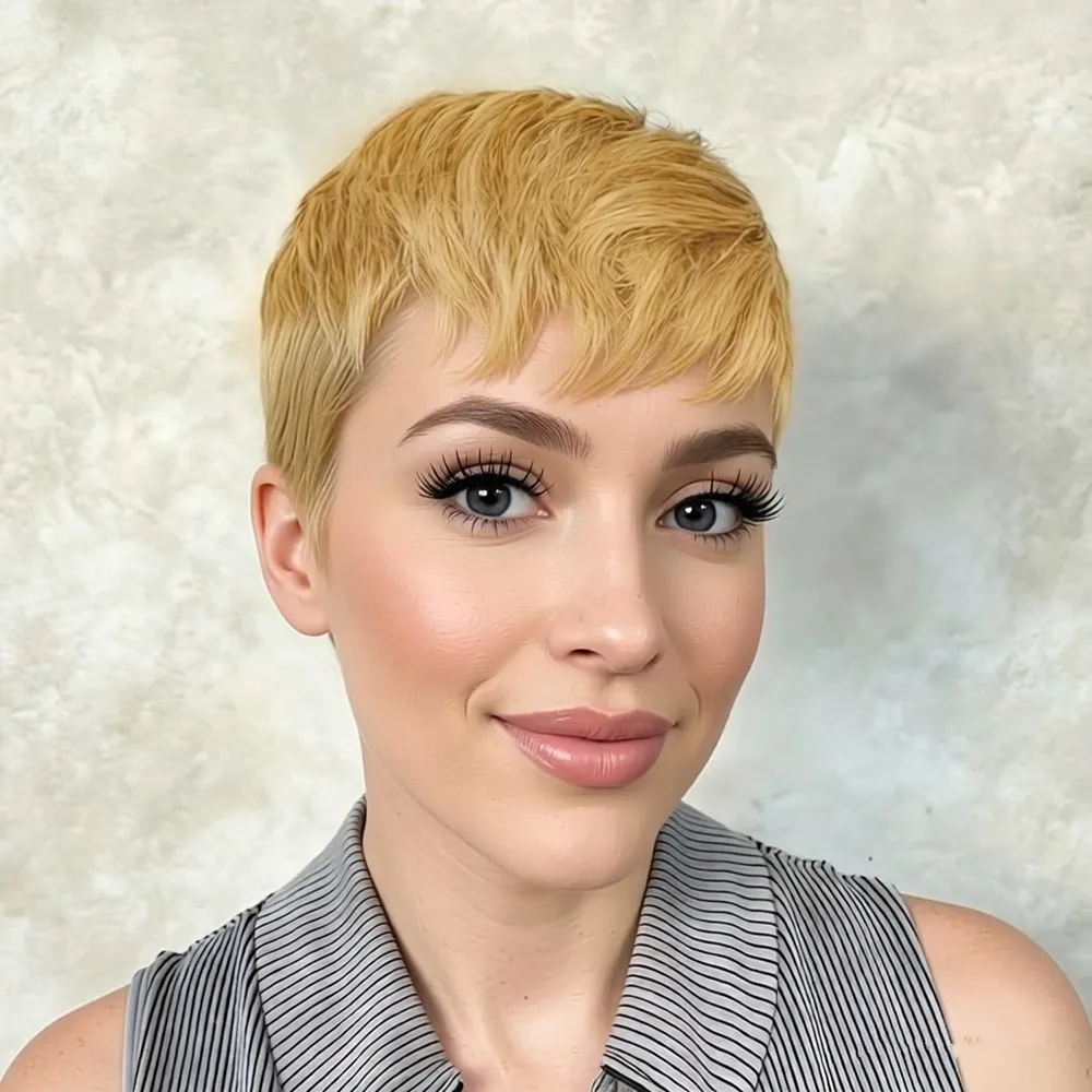 

Короткий прямой парик в стиле пикси, машинной работы, 27 цветов, многослойный, из натуральных волос, для женщин, для повседневного использования и вечеринок.