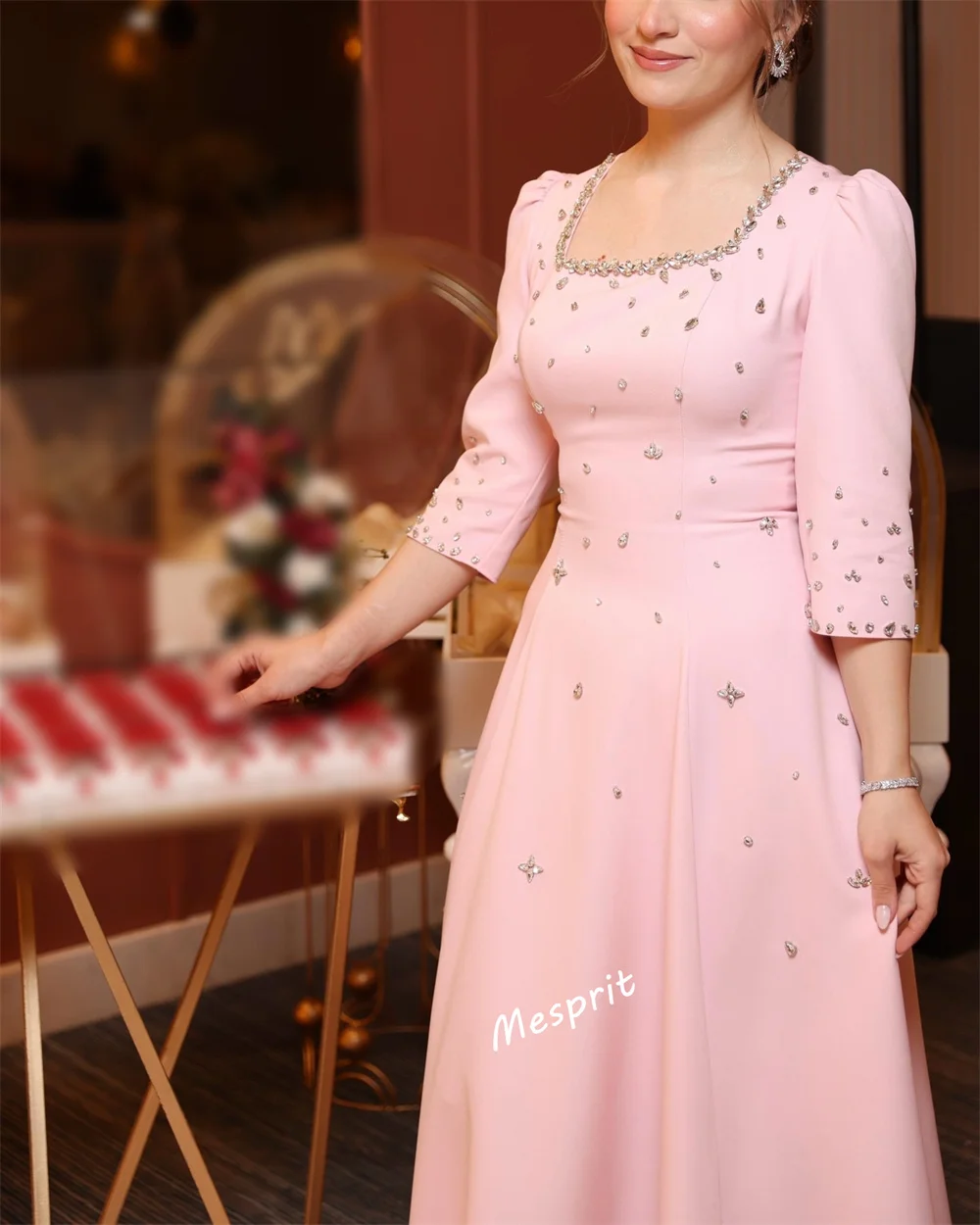 Customized High Quality Square Neck Long Sleeves A-line Long Dresses Glitter Wedding Party Dress Bespoke Occasion Formal Evening