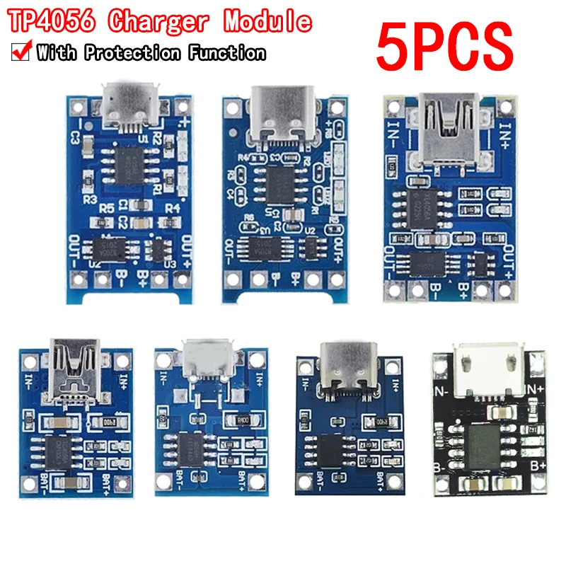 5pcs 5V 1A 18650 TP4056 Lithium Battery Charger Module Charging Board With Protection Dual Functions 1A Li-ion