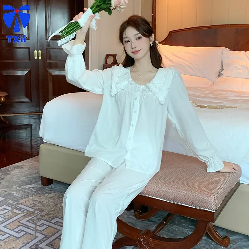 Pajamas Women\'s 2024 Summer Solid Color Long-sleeved Pants Two-piece Suit Loose Casual Cotton Home Clothes Spring and Autumn New