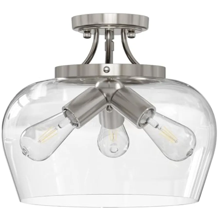 

Semi Flush Mount Ceiling Light, 13.8" Ceiling Light Fixture with Clear Glass Shade, E26 Base, 3-Bulb Industrial Lighting Fixtur
