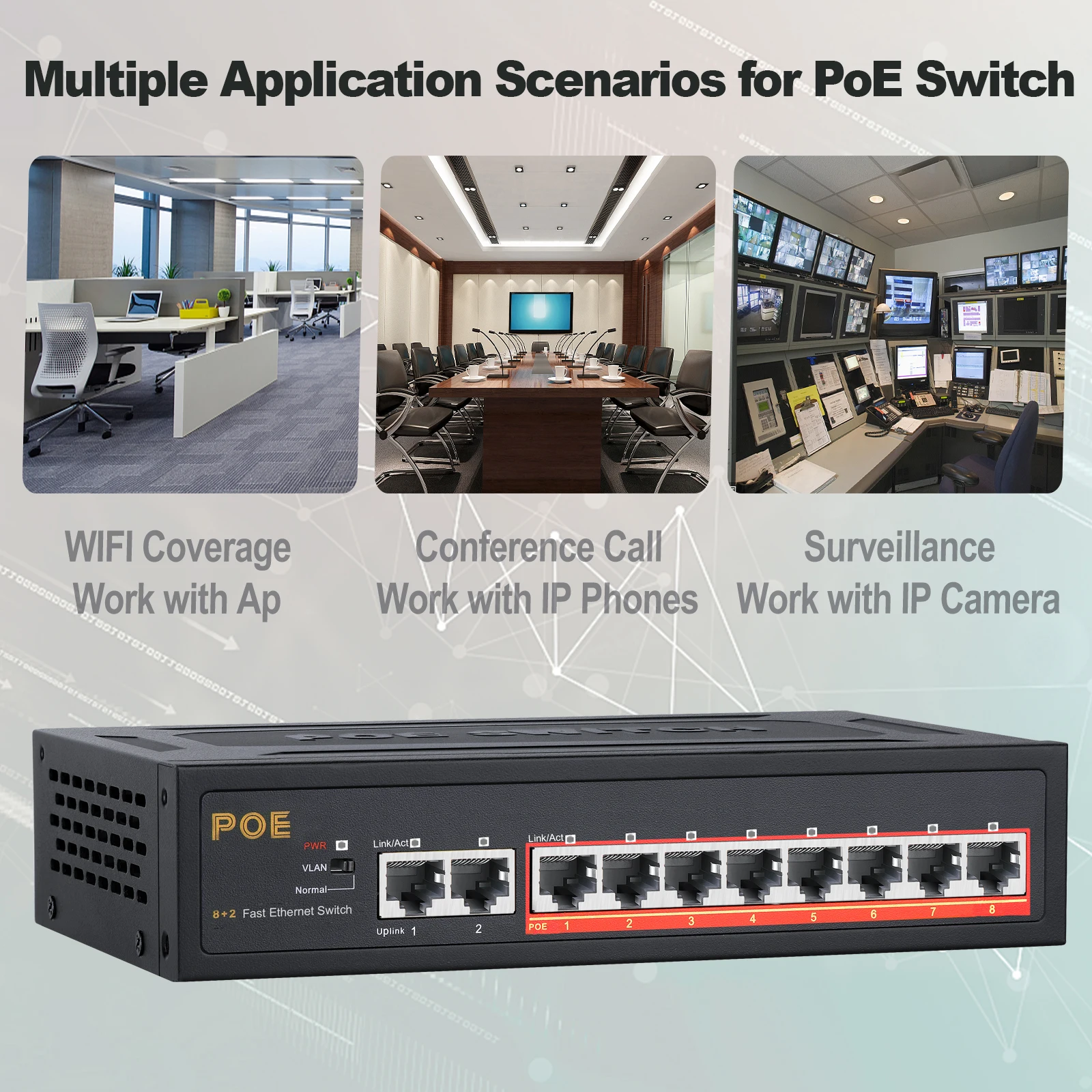 Switch POE TEROW Link TE204 Switch di rete POE a 10 porte 100Mbps alimentatore integrato 52V 93W 8 + 2 Switch Ethernet veloce VLAN