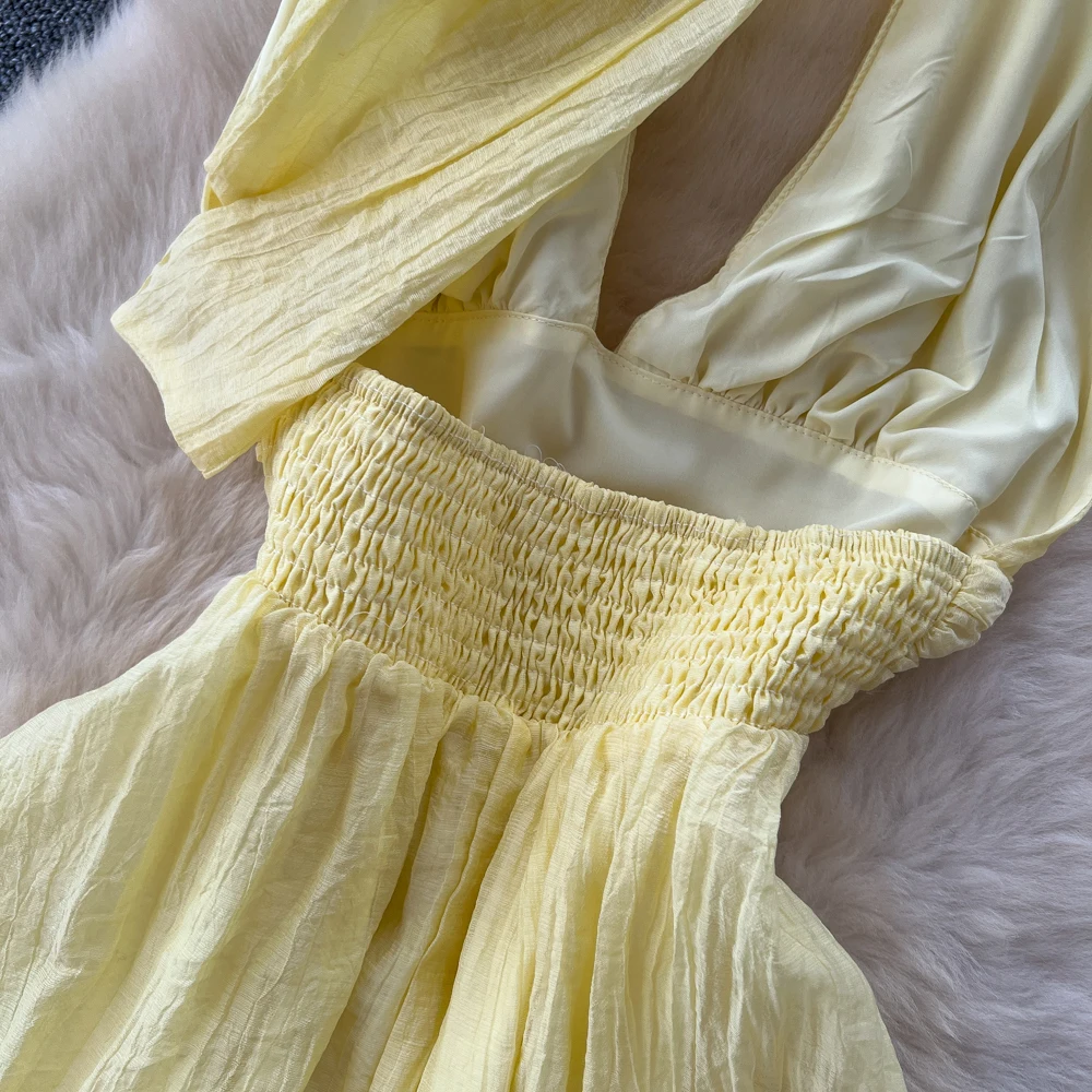 Elegancka sukienka w stylu vintage z dekoltem w serek, wiązana na szyi, marszczona, dopasowana, w stylu koreańskim, boho, letnia sukienka damska.