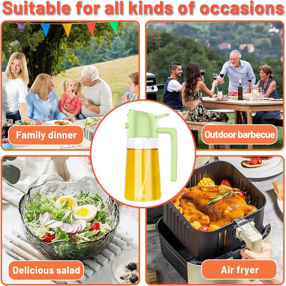 Dispensador de aceite de vidrio de 16oz/470ML con tapa abatible automática, botella de cocina 2 en 1, pulverizador de cocina, diseño a prueba de fugas, botella pulverizadora de aceite