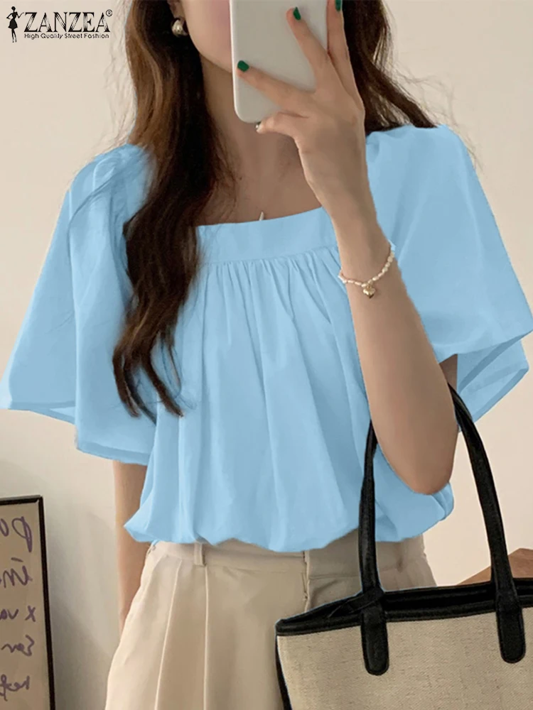 

2025 Fashion Summer Blouse ZANZEA Women Square Neck Tunic Blouse Casual Short Sleeve Work Tunic Tops Solid Pleated Shirt Blusas
