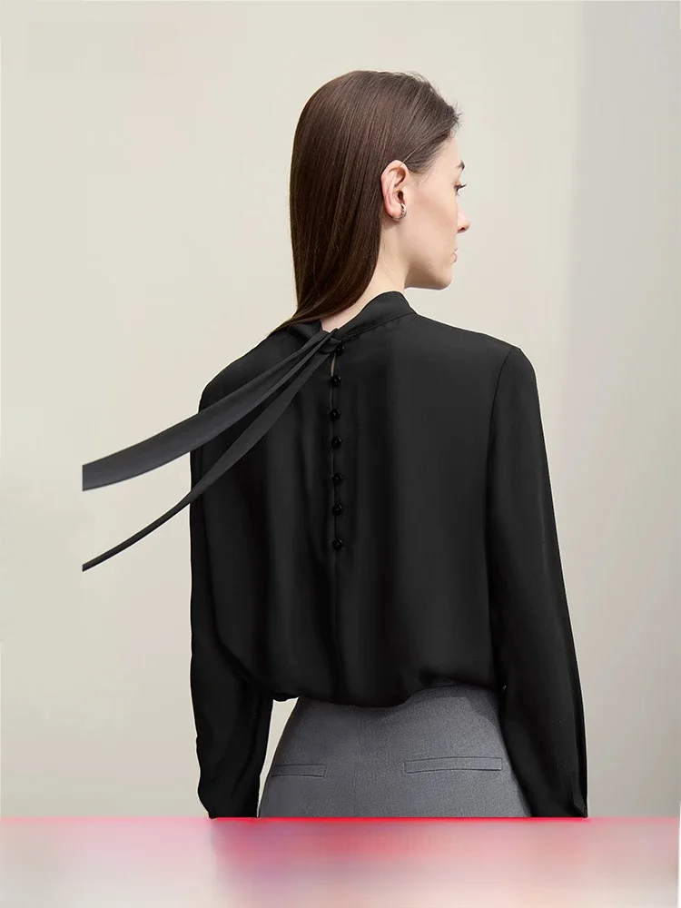 

Elegant Commuter Style Stand Collar Tied Waist Chiffon Top Women's High End Drapey Top Spring New Arrival Brand