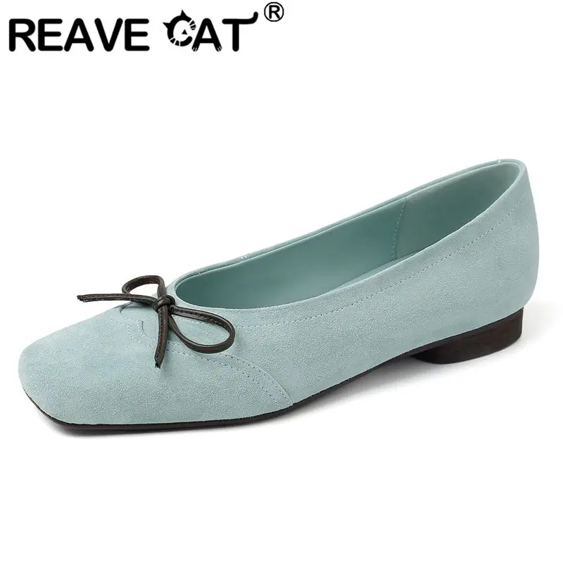 

Женские туфли-лоферы REAVE CAT из фиолетовой замши с квадратным носком, без застежек, с бантом-бабочкой, повседневная обувь, удобная и мягкая обувь